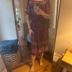 1970’s Sheer Floral Midi Dress in Burgundy and Red